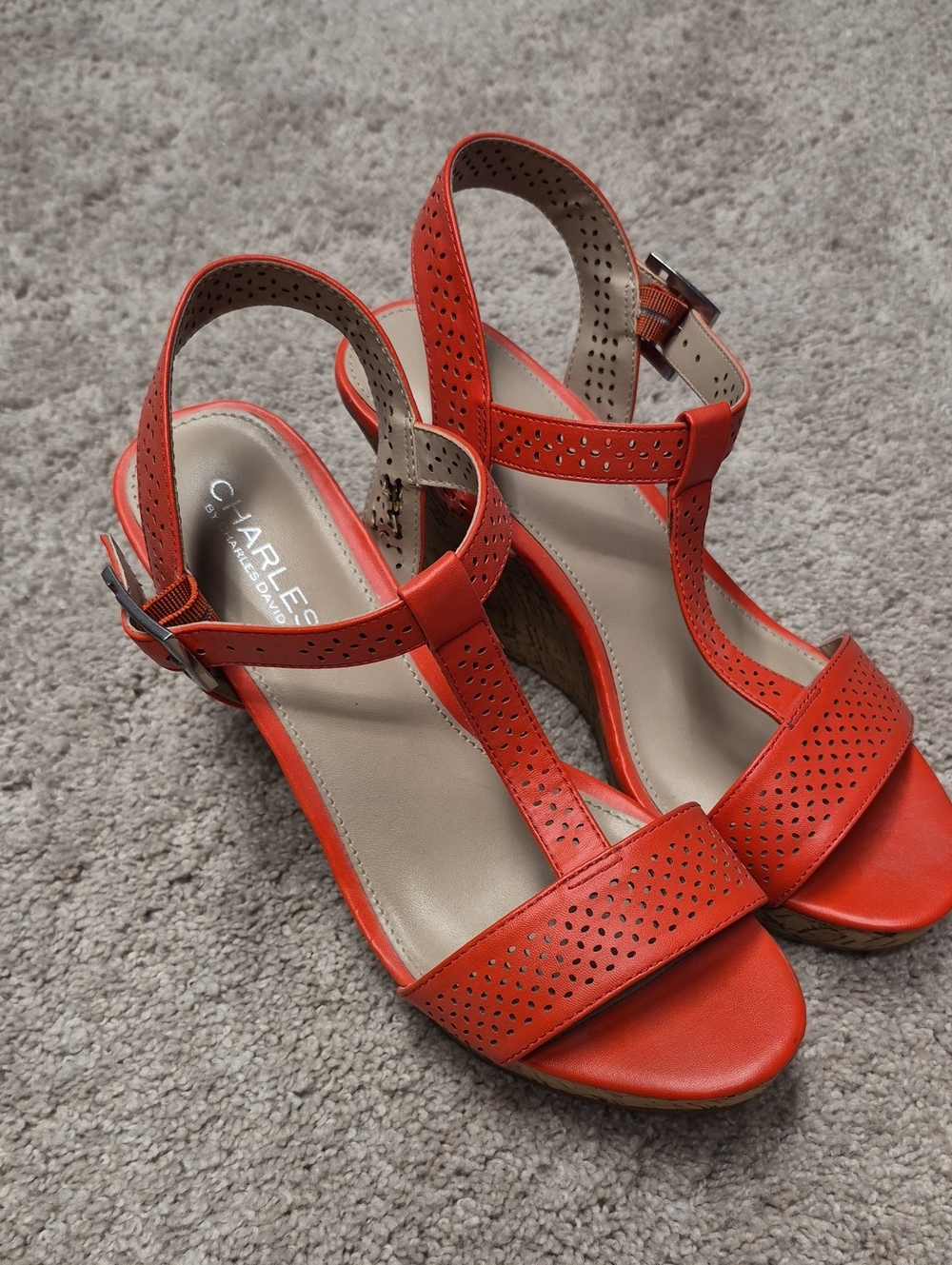 Charles by Charles David Coral-Red Perforated T-Strap Wedge Sandals